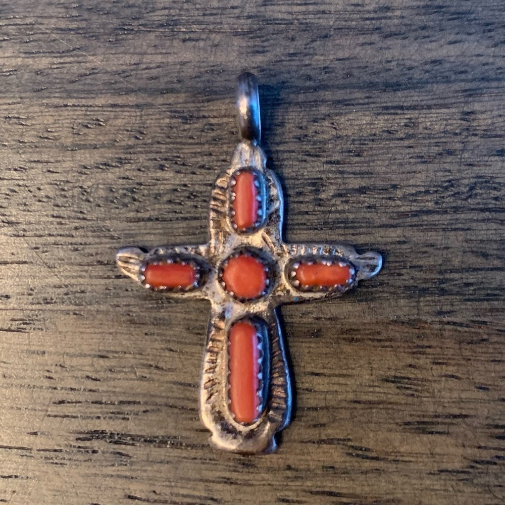 C. Iule Cross Pendant Coral Silver Tone Vintage.